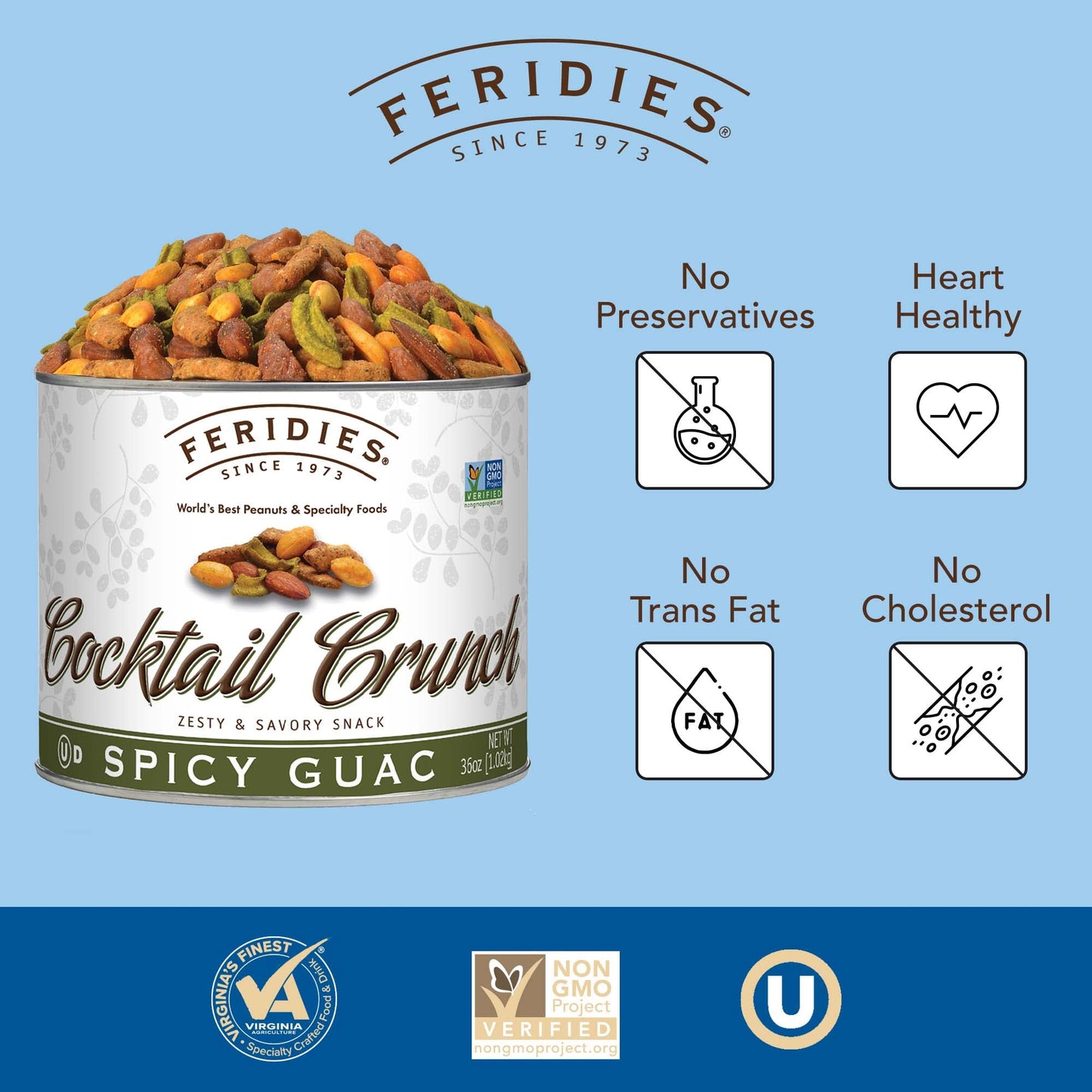 FERIDIES Gourmet Snack Mix, Spicy Buffalo Guac, 36oz Tin, Premium Virginia Peanuts, Almonds, Sesame Sticks