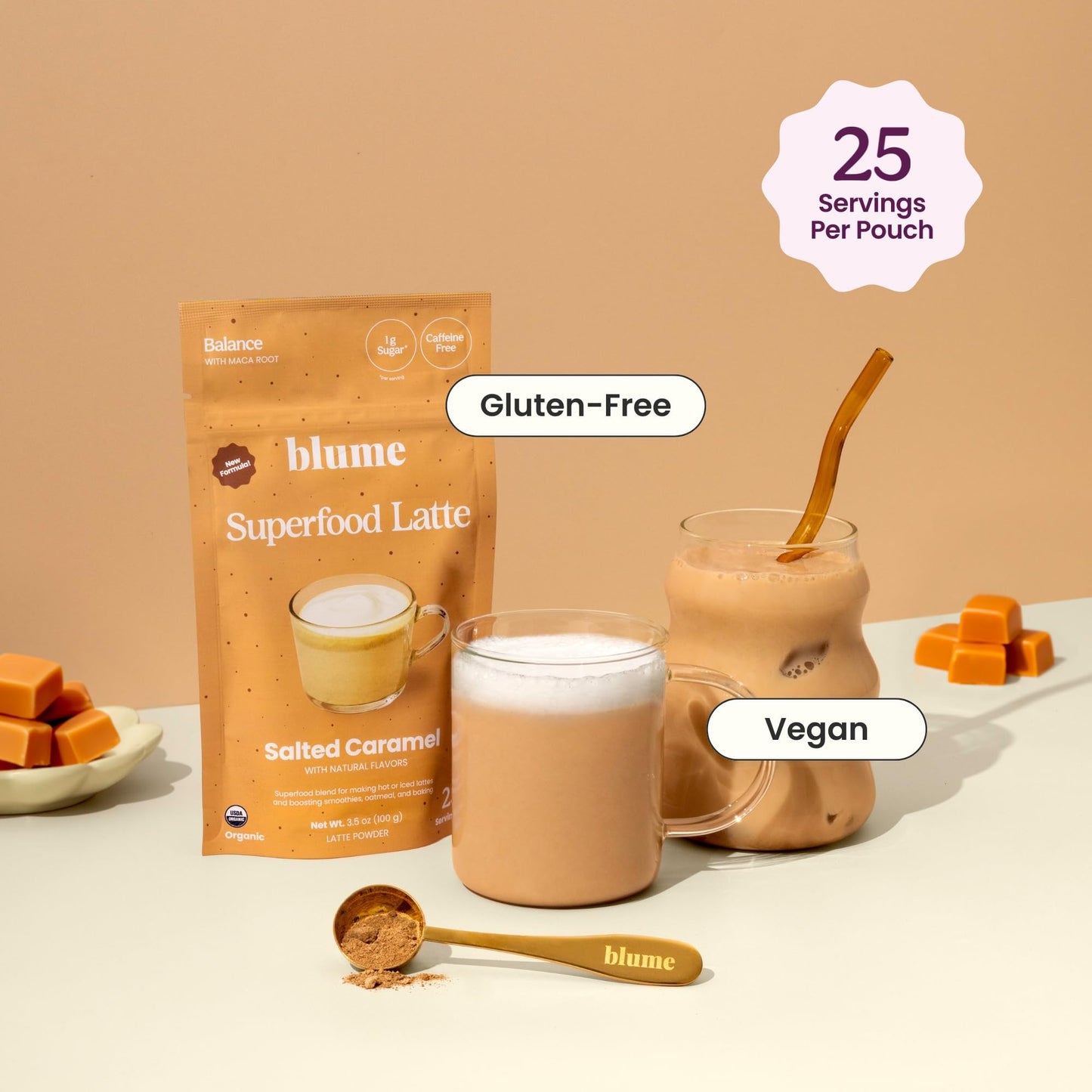 Blume Salted Caramel Latte - Organic Sugar-Free, Keto-Friendly, Vegan And Gluten-Free Superfoods Latte - 100 Grams - 25 Servings