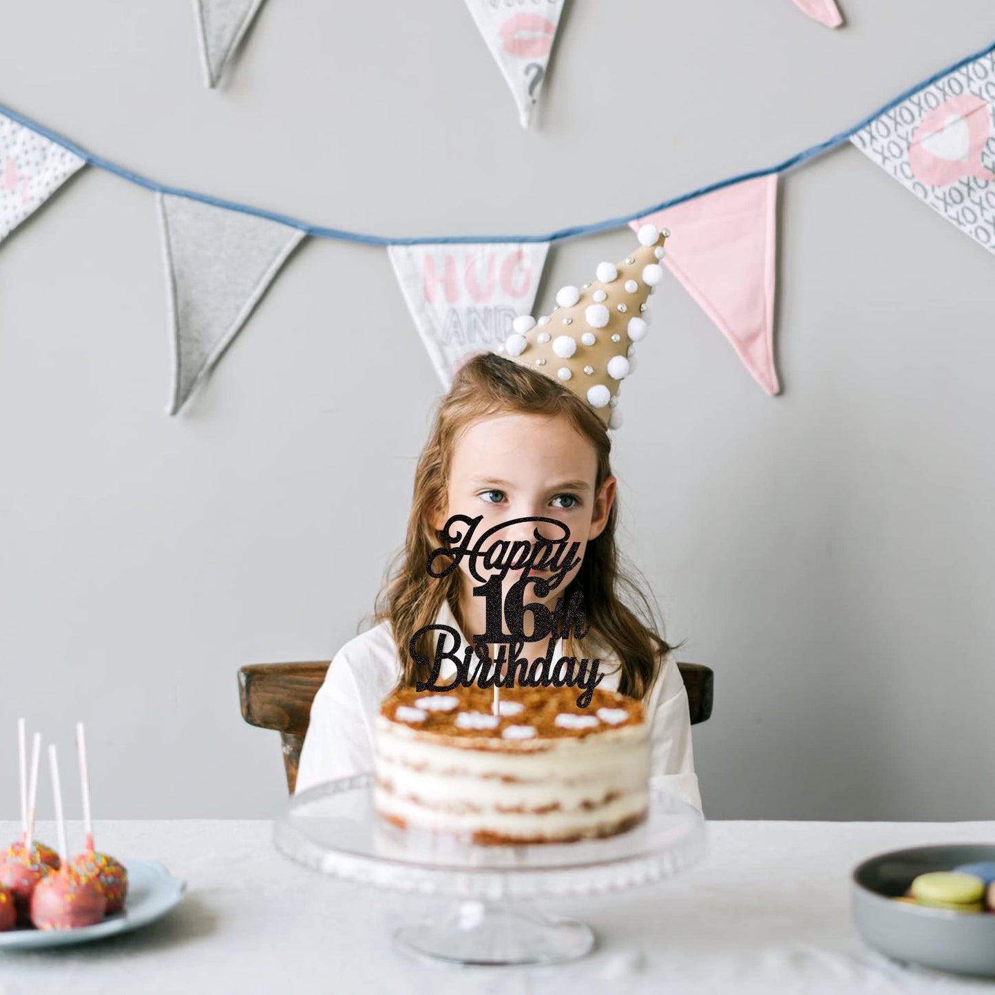 Rssta i Happy 16th Birthday Cake Topper, Black Glitter, 16 & Fabulous, Paper Decoration, Model XM063-Black 16th