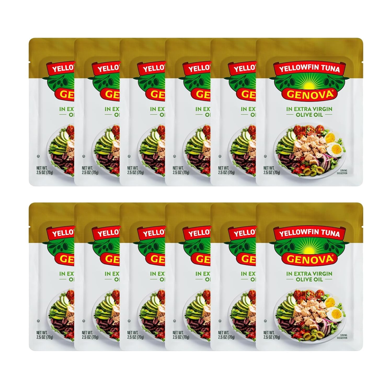 Genova Premium Yellowfin Tuna In Extra Virgin Olive Oil, 2.5 Ounce Packets (Pack Of 12), Wild Caught Tuna