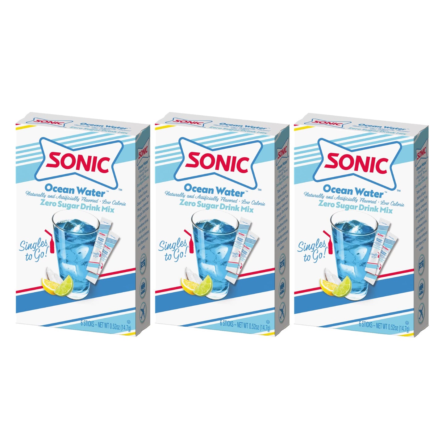 Sonic Singles to Go Powdered Drink Mix, Ocean Water, 6 Sticks per Box, 3 Boxes included (18 Sticks Total)