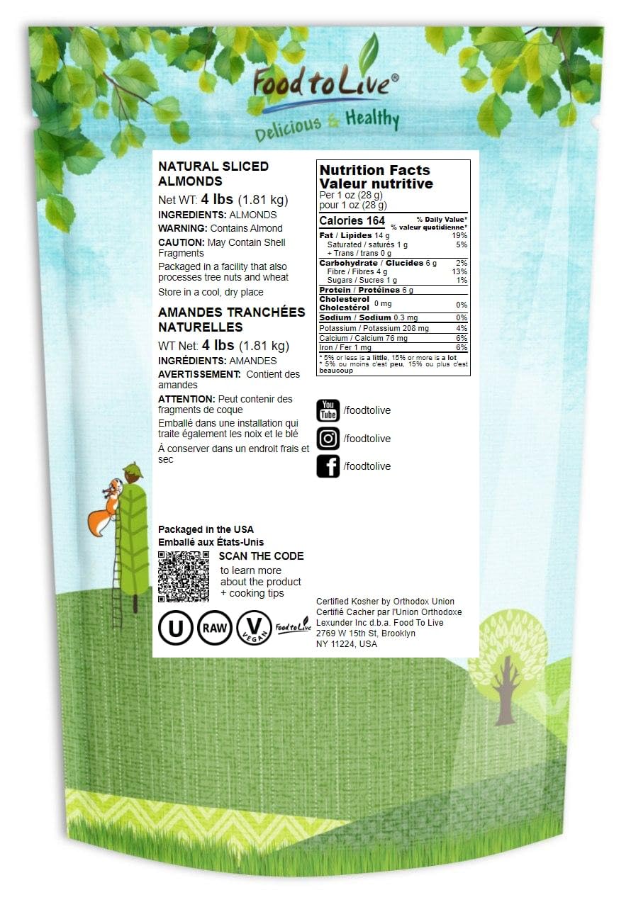 Food To Live California Natural Sliced Almonds, 4 Pounds - Raw Unblanched Almond Nuts, Kosher, Vegan, Keto, Bulk. High In Protei