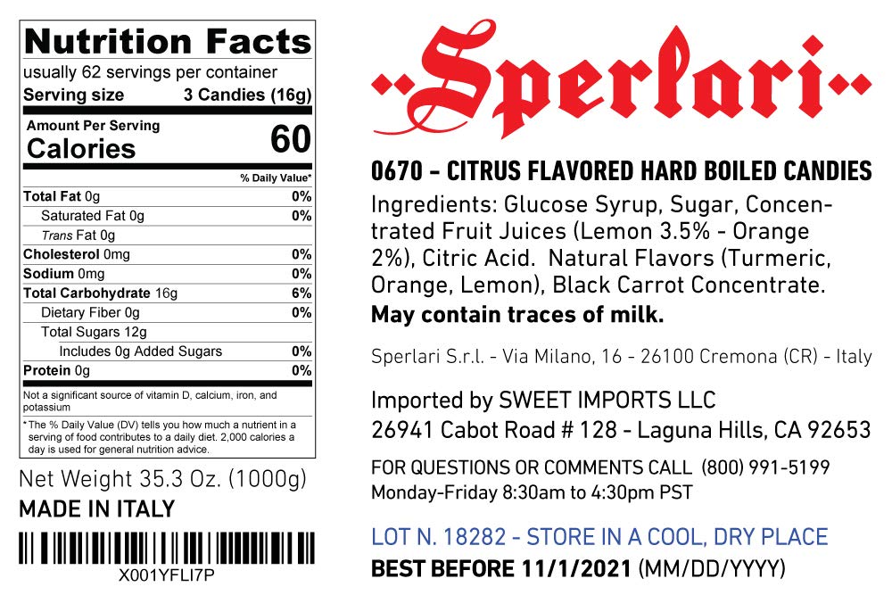 Sperlari Citrus Orange & Lemon Hard Candy, 1 Kg Bulk Bag, Individually Wrapped, Italian Sweets, Orange