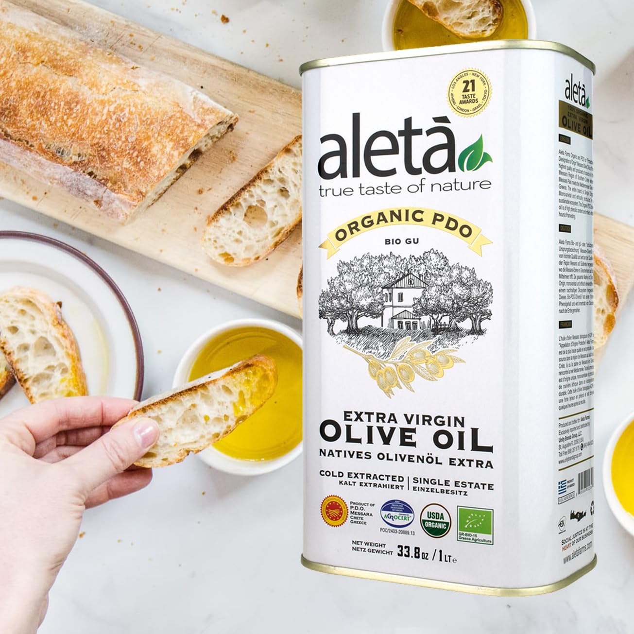 Aleta Farms Extra Virgin Olive Oil, USDA Organic, Cold Pressed, 33.8 Fl Oz (Pack of 4)
