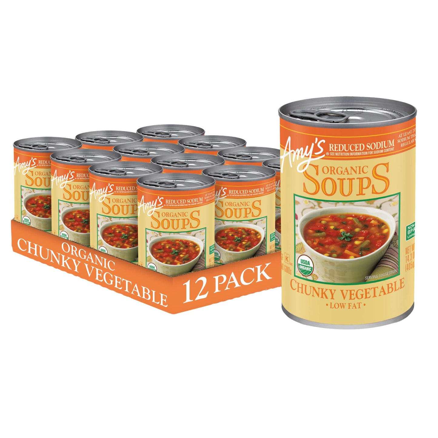 Amys Soup, Vegan Reduced Sodium Chunky Vegetable Soup, Gluten Free, Made With Organic Vegetables, Canned Soup, 14.3 Oz (12 Pack)