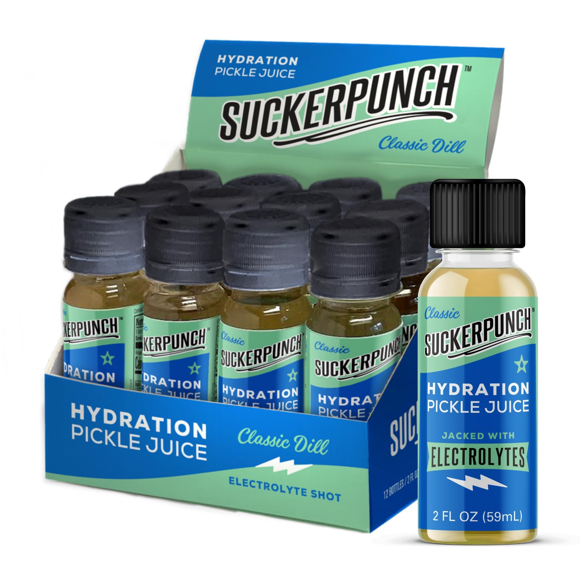 SUCKERPUNCH Portable Hydration Pickle Shot Electrolyte Drink, 2oz, 12-count, Non-GMO, Invigorating Dill Juice