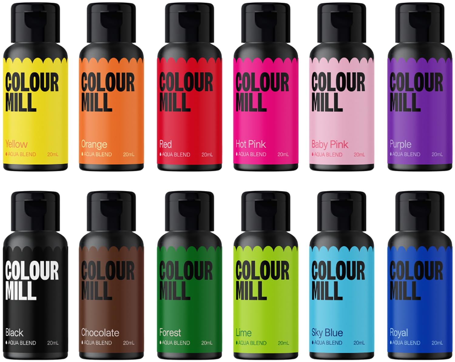 Colour Mill Aqua Blend Food Coloring, 12 x 20ml, Water-Based, Includes Baby Pink, Black, Chocolate, Forest, Hot Pink, Lime, Orange, Purple, Red, Royal, Sky