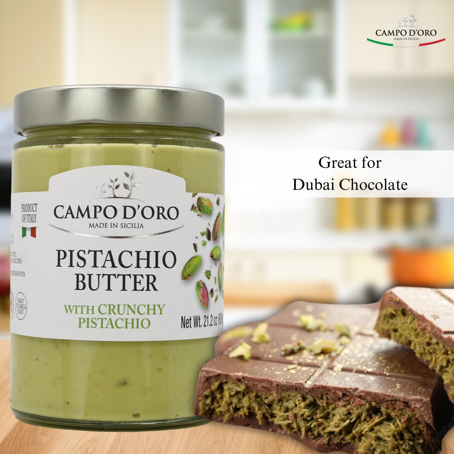 CAMPO DORO Pistachio Butter Sweet Cream, 21.2oz (600g), Rich & Nutty Spread for Chocolate Bars