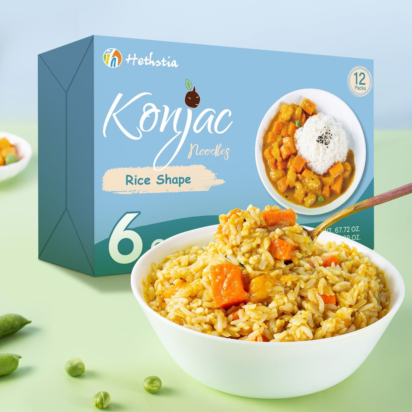 Hethstia Konjac Rice, Low Carb Shirataki Rice, Keto, Vegan, Gluten-Free, 12 Packs, 5.64 Ounce Each