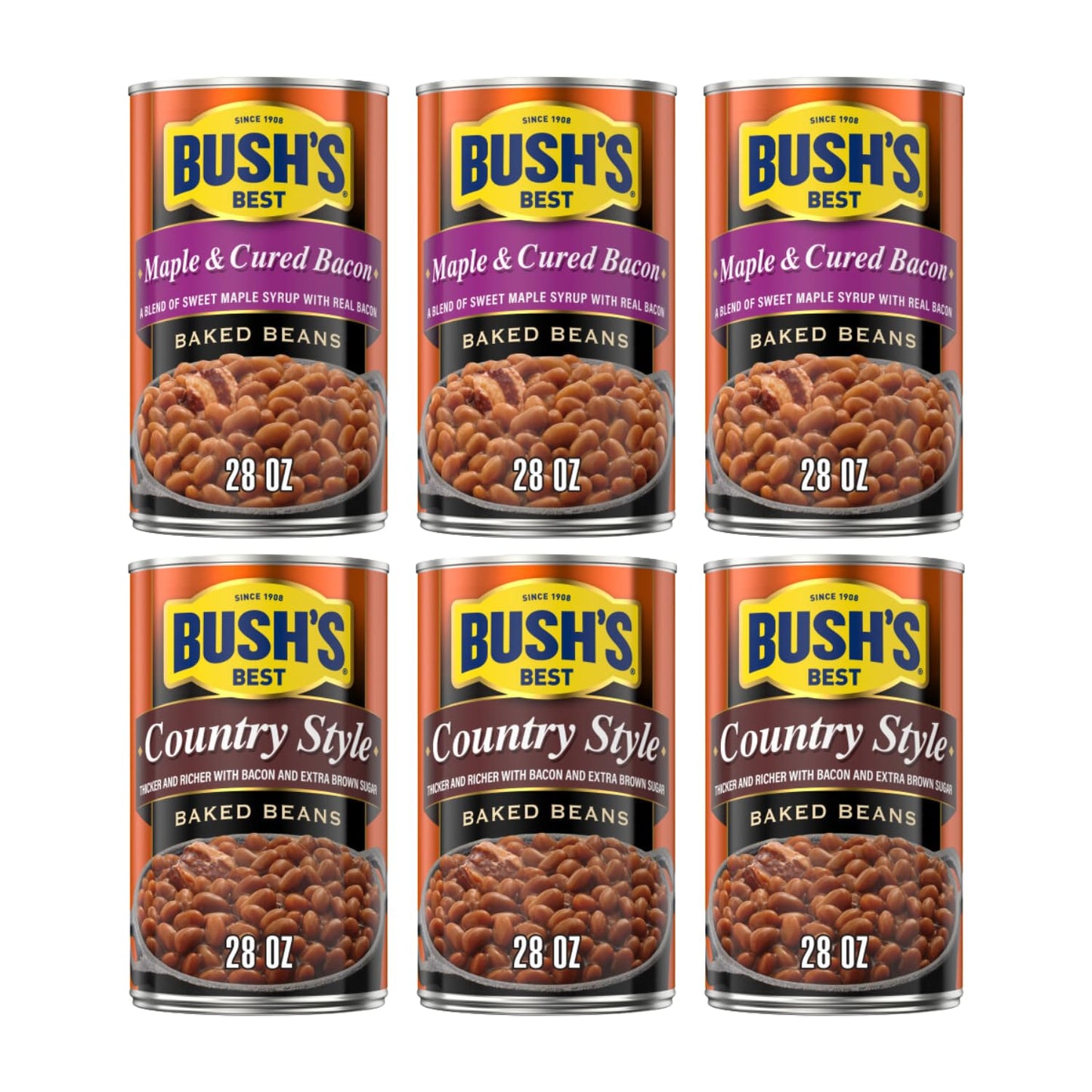 Bushs Best Baked Beans Variety Pack, Bacon Maple Country Mix, 168 Oz (3 Maple Cured Bacon, 3 Country Style)