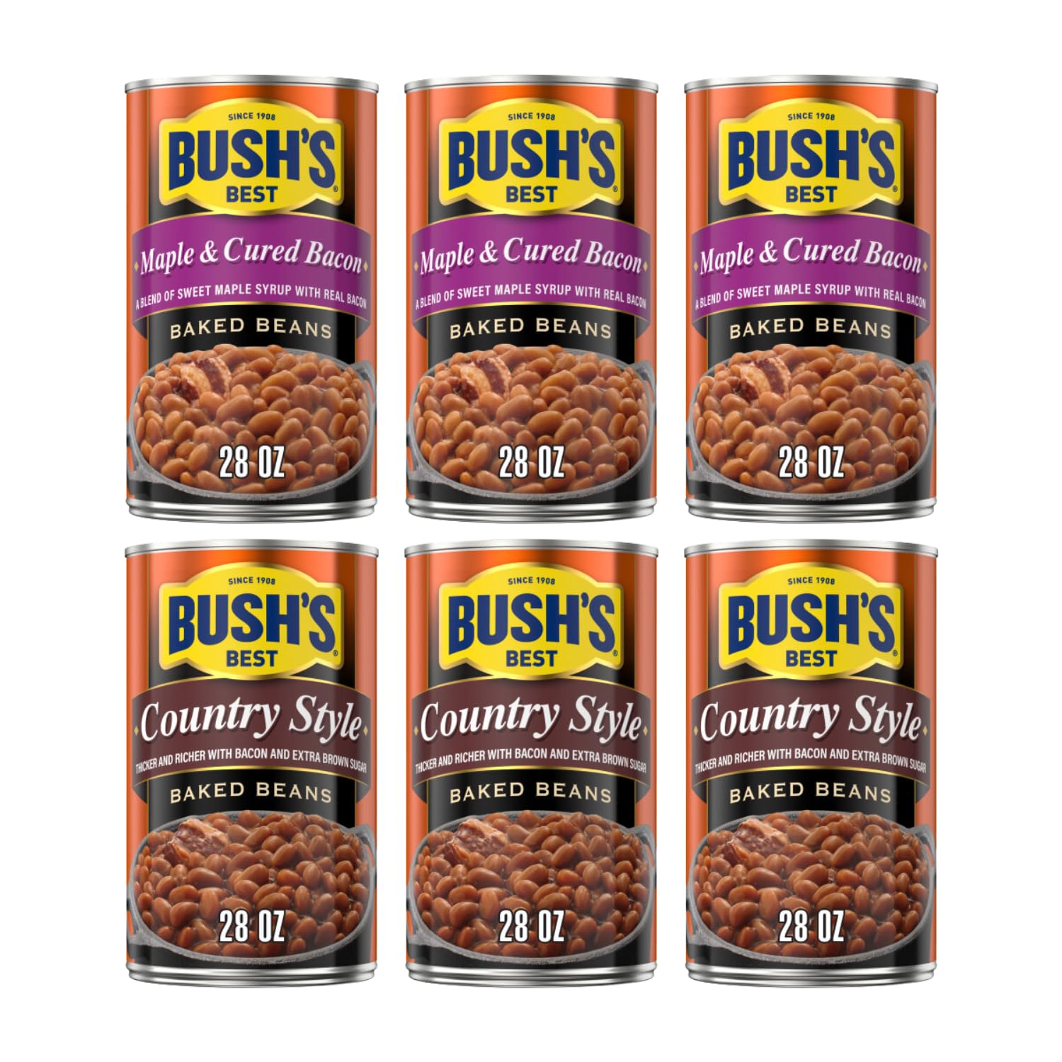 Bushs Best Baked Beans Variety Pack, Bacon Maple Country Mix, 168 Oz (3 Maple Cured Bacon, 3 Country Style)