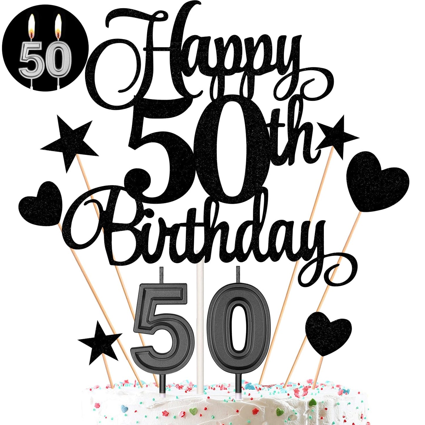 HOGRTi 50th Birthday Cake Decorations Set, Candles & Toppers, Paper, Black Series