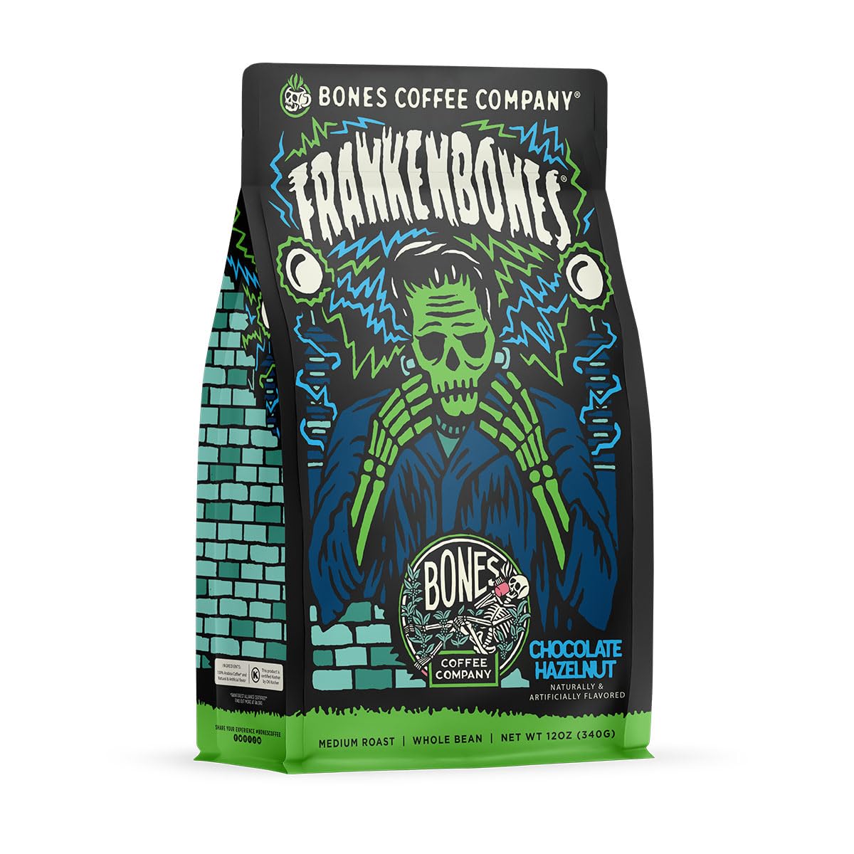Bones Coffee Company Frankenbones Ground Coffee, Chocolate Hazelnut Flavor, Low Acid, Medium Roast, 12 oz