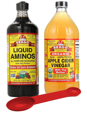 Bragg Organic Health Saver Package: Bragg Organic Liquid Aminos 32 Oz + Bragg Organic Apple Fruit Beverage Vinegar Unfiltered 32 Oz  With Bonus Measuring Spoon