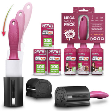 Metkix Lint Rollers For Pet Hair Extra Sticky, Special Cover Design, Pet Hair Remover, Mega Value 600 Sheets & 2 Protective Cove