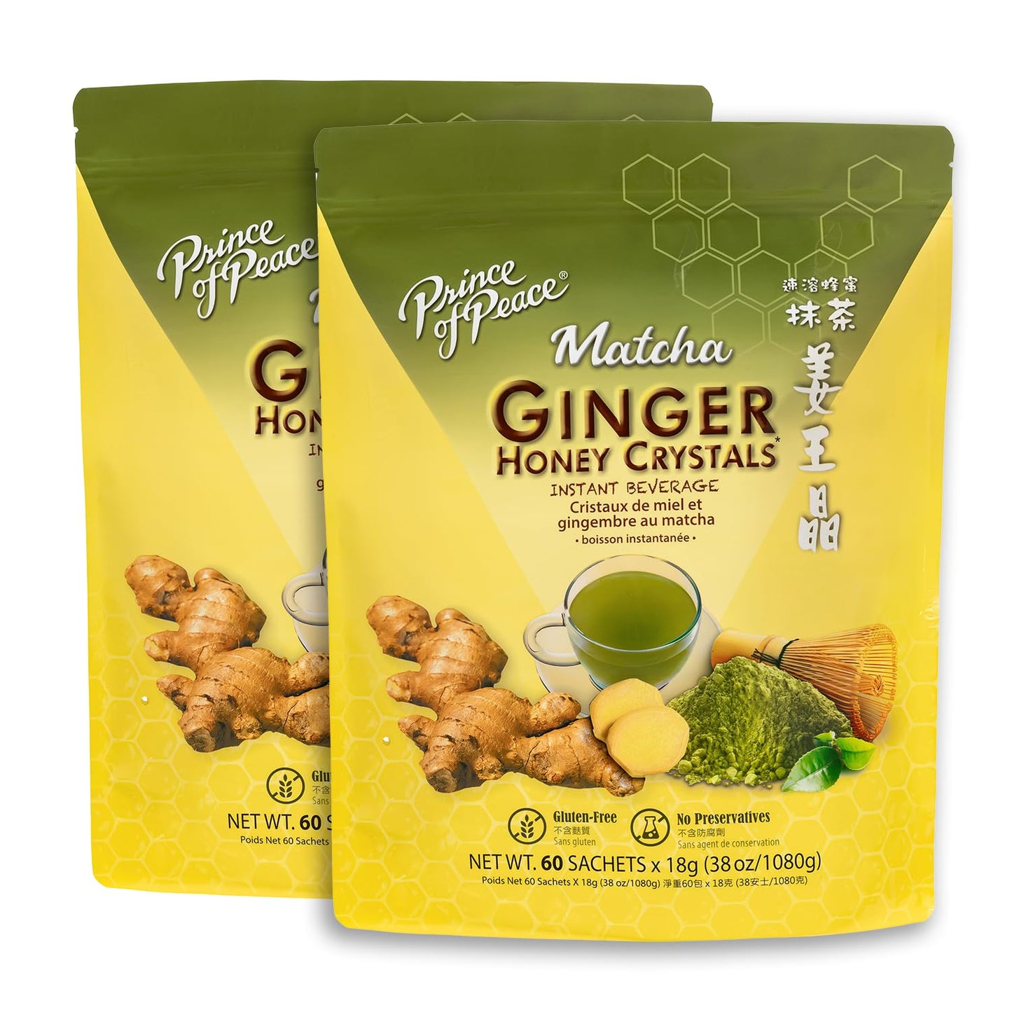 Prince Of Peace Instant Ginger Honey Crystals with Matcha, 60 Sachets, 1.19 lb, Gluten Free, Model POPGHCMATCHA60P2-FF