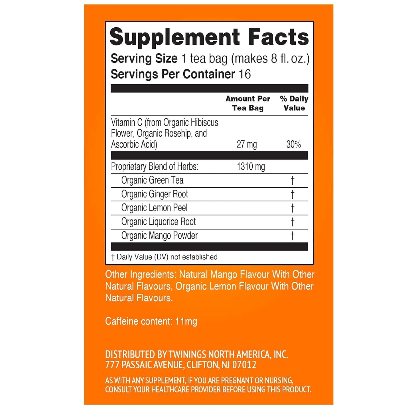 Twinings Superblends Immune Support+ Herbal Tea With Vitamin C, Ginger & Mango Flavoured Green Tea, 16 Tea Bags (Pack Of 1), Enj