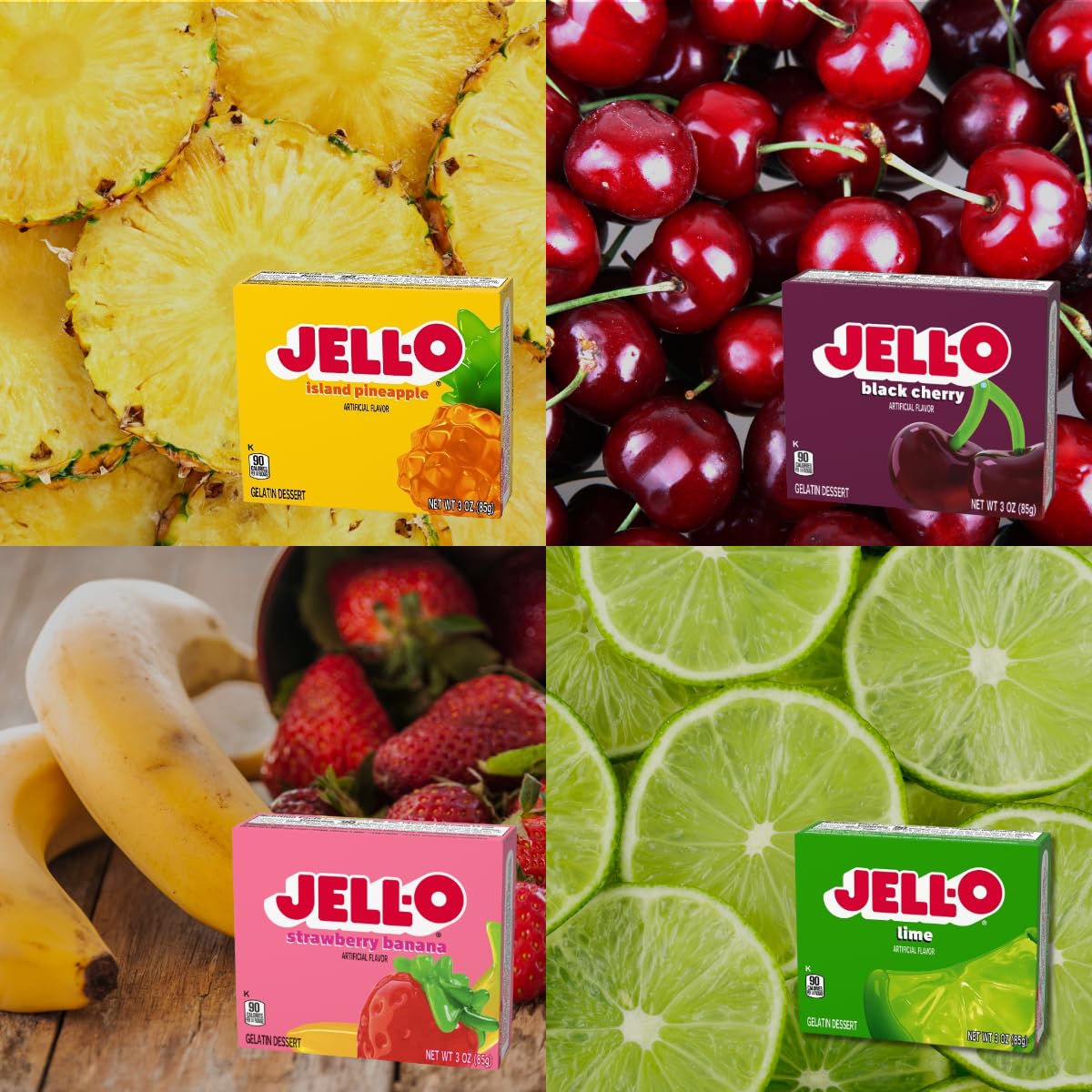 Gelatin Variety Pack, 4 Flavored Instant Jell Dessert Mix, Strawberry Banana, Pineapple, Black Cherry, and Lime (3oz/Pack of 4)