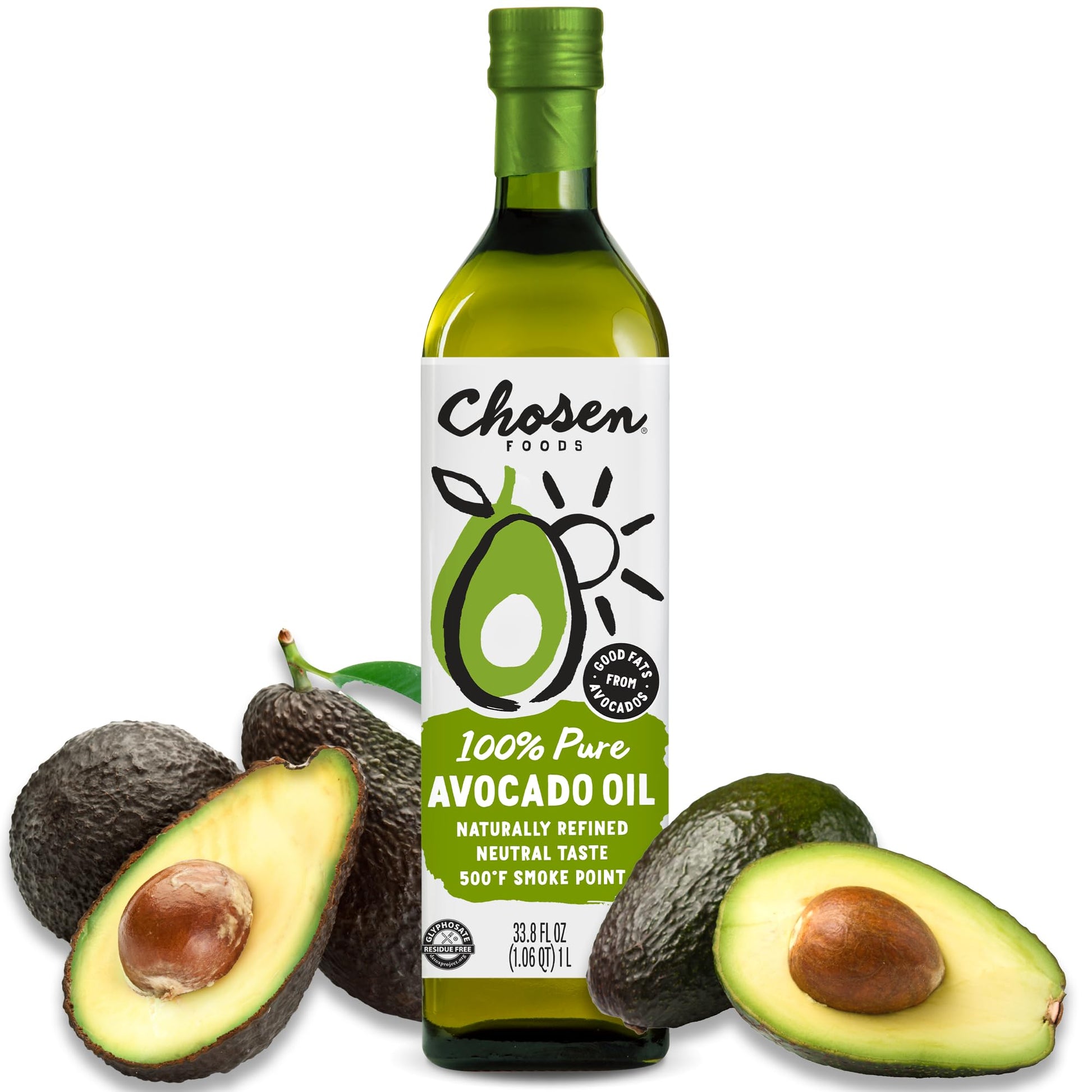 Chosen Foods 100% Pure Avocado Oil, Keto Friendly, High-Heat Cooking, 33.8 Fl Oz, Clear
