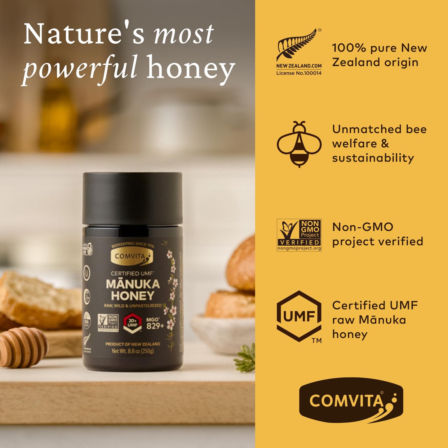 Comvita Manuka Honey UMF 20+ (MGO 829+) - Raw Manuka Honey New Zealand, Pure & Unpasteurized, Superfood for Immune Health, Use i