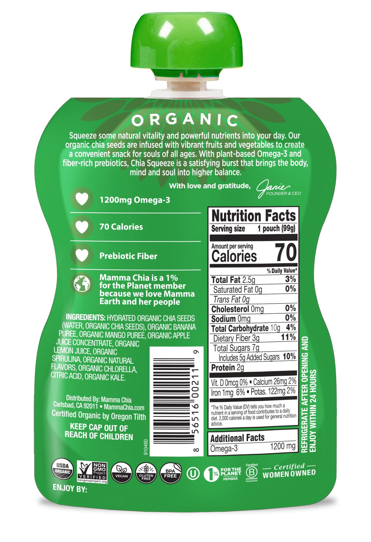 Mammachia Chia Squeeze Green Magic Vitality Snack, Vegan Friendly, Kosher, USDA Certified Organic, Gluten Free & Non-GMO, 3.5 Ou