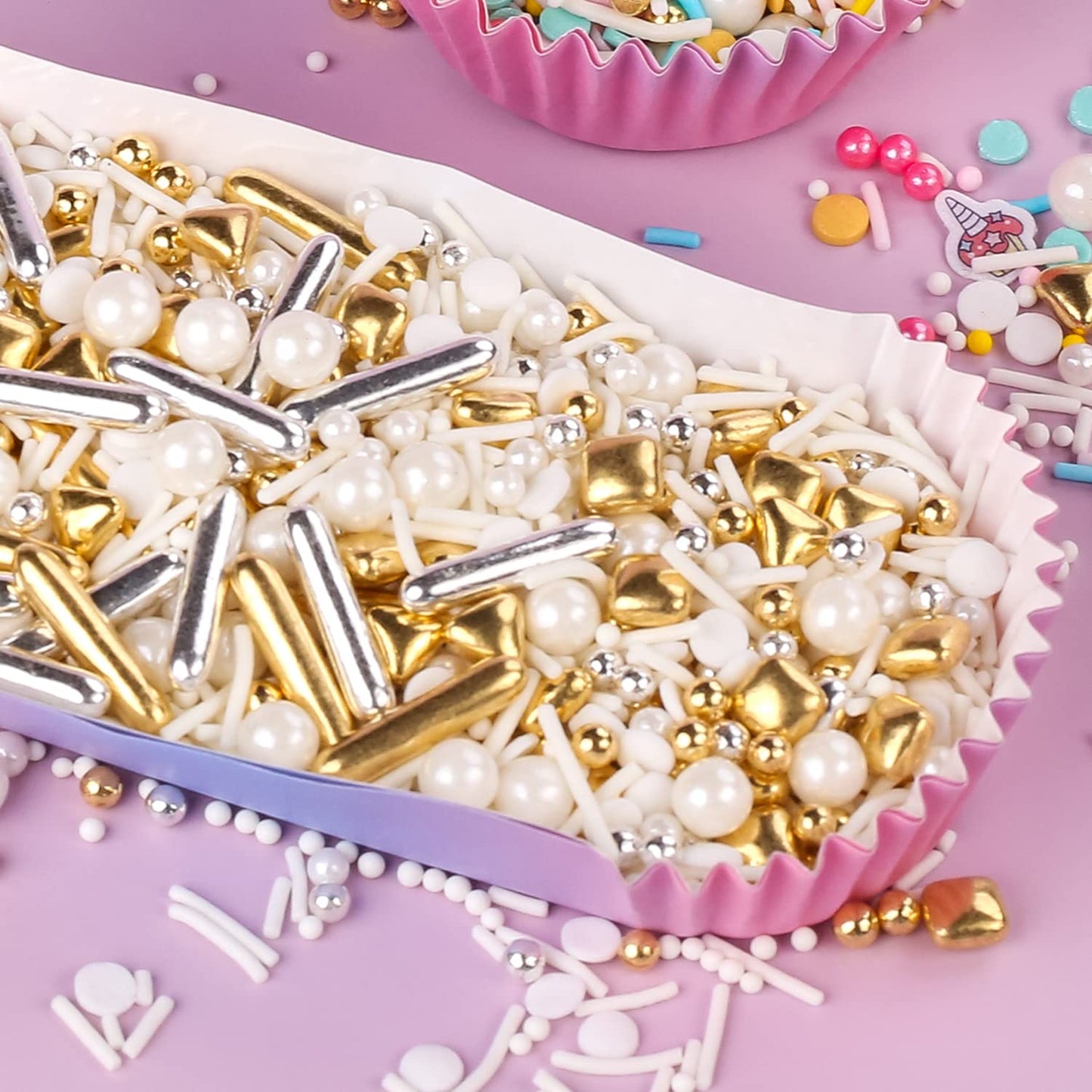 White Deluxe Gold Sprinkles For Cake Decorating 7Ounce - Gold Sugar Pearl Metallic Sprinkles For Cupcake Toppers, Ice Cream, Can