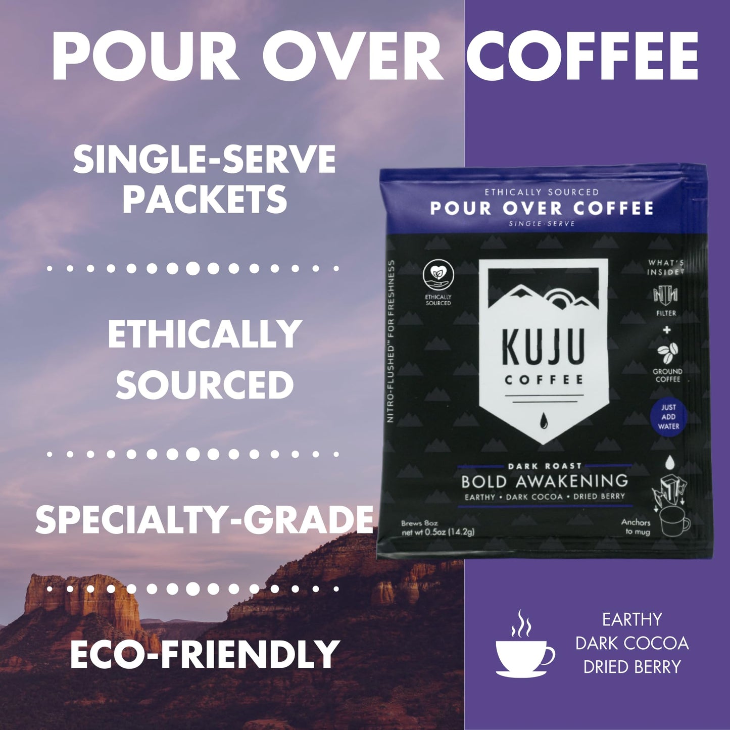 Kuju Coffee Premium Pour Over Singles - Dark Roast, 0.5 Ounce Pack of 6 - Model KUJU-BA-06