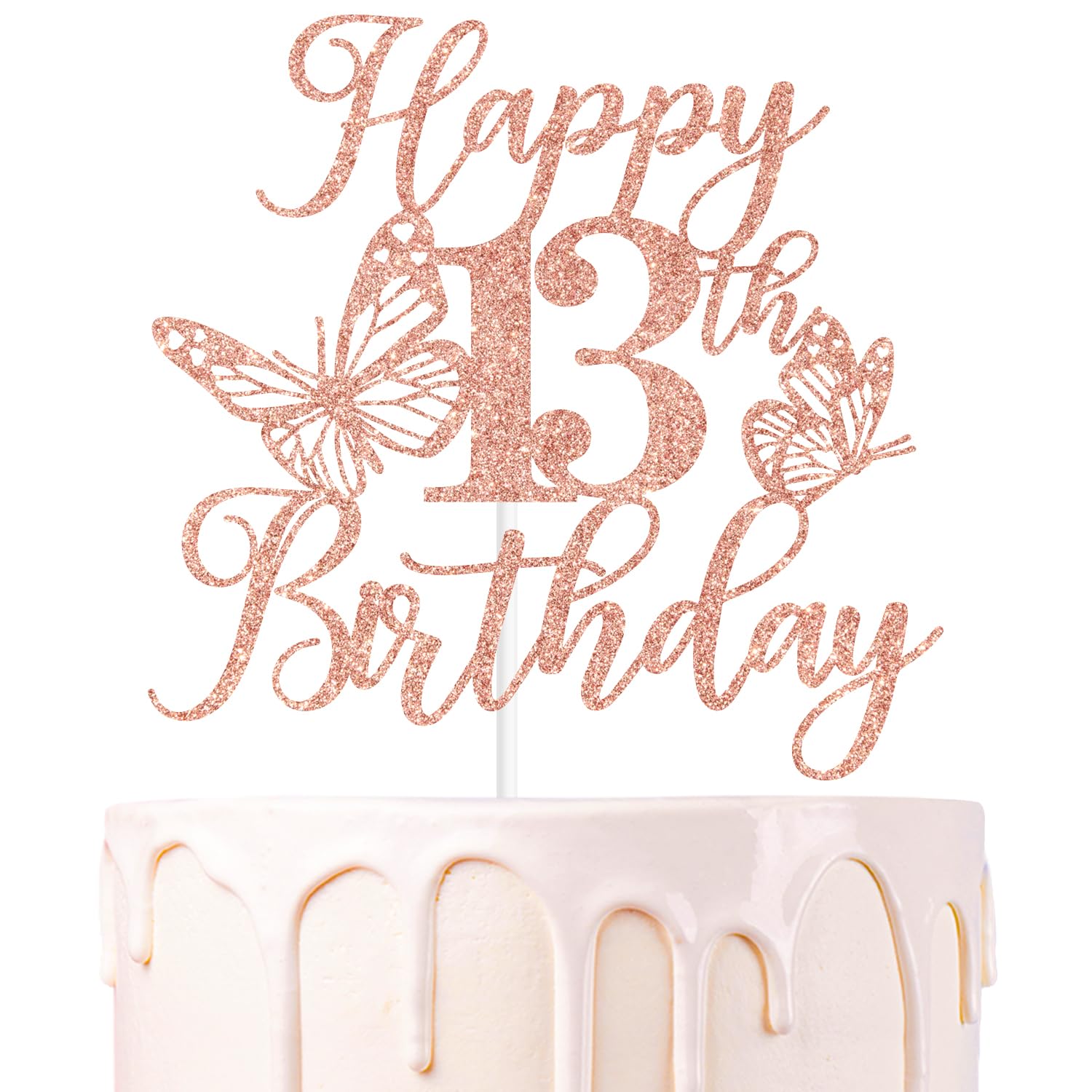 Rose Gold Glitter Happy 13th Birthday Cake Topper, Butterfly Happy 13th Birthday/Cheers to 13 Years, Butterfly Themed 13th Birth