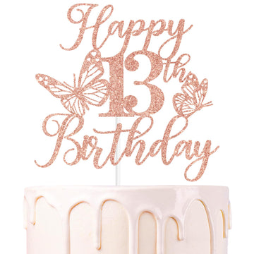 Rose Gold Glitter Happy 13th Birthday Cake Topper, Butterfly Happy 13th Birthday/Cheers to 13 Years, Butterfly Themed 13th Birth