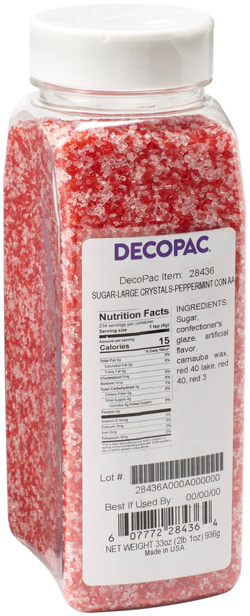 DECOPAC Red and White Peppermint Crystals, Festive Candy Sprinkles, 33oz, Fancy Sprinkles in Handheld Container, Edible Christma