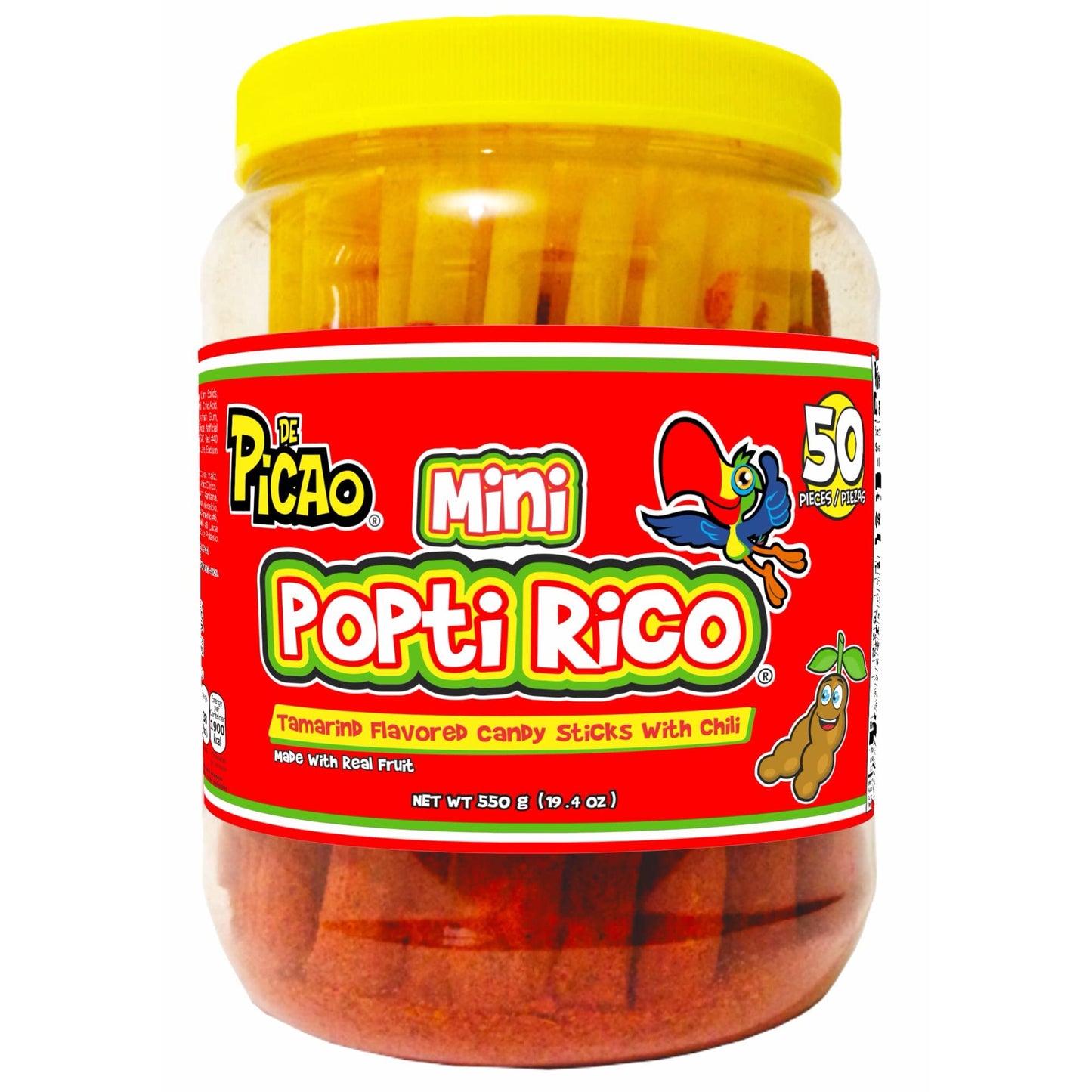 PICAO Mexican Candy Tamarind Paste Candy Spicy Sticks Straw Chili Powder Mini Poptirico Vitrolero 50Ct./550g. Dulce de Tamarindo