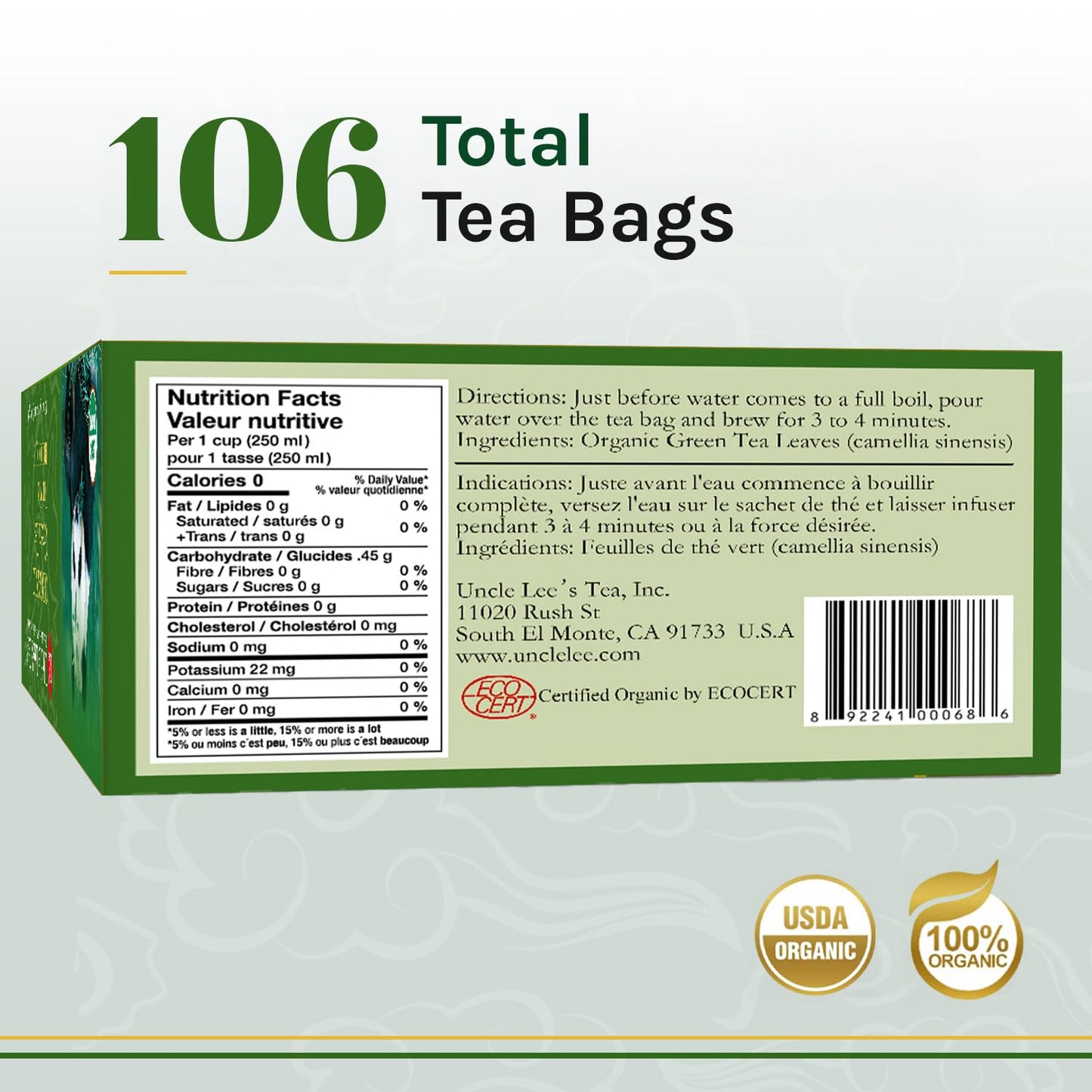 Uncle Lees Organic Green Tea Bags - 106 Count Super Pack, Bright & Refreshing, Lightly Caffeinated