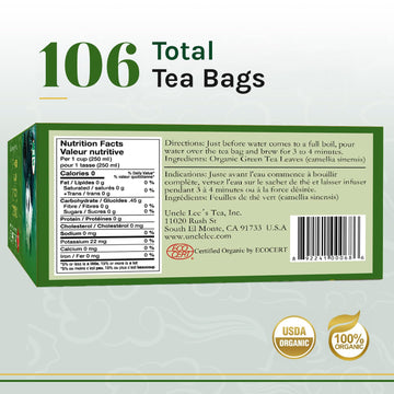Uncle Lees Organic Green Tea Bags - 106 Count Super Pack, Bright & Refreshing, Lightly Caffeinated