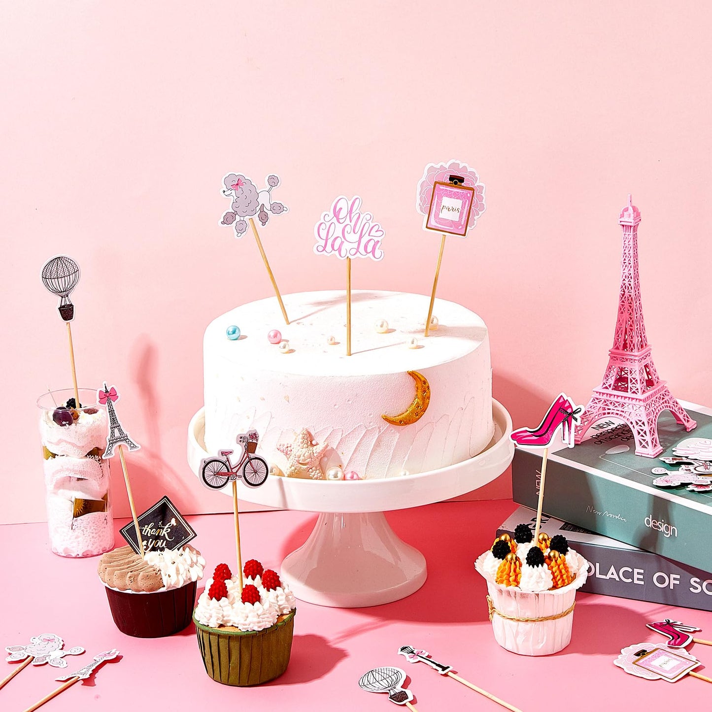 Spakon 48 Pcs Paris Cake Decoration Paris Cupcake Topper Pick Paris Eiffel Tower Bicycle High Heel Perfume Hot Balloon Oh La La