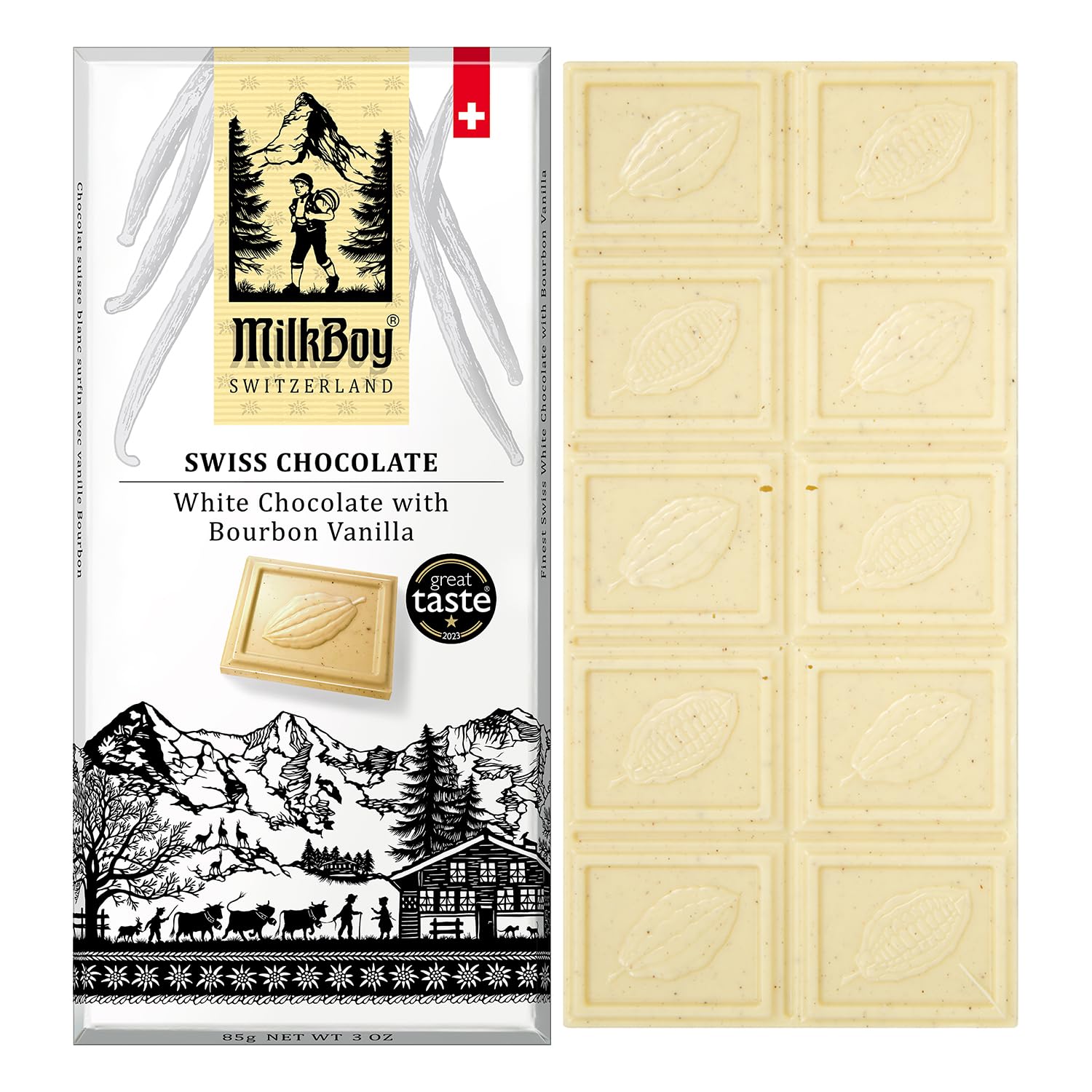 Milkboy Swiss Chocolates White Chocolate Bars - Gourmet Flavor Blend Vanilla Chocolate Bars - Made With Pure Natural Vanilla - White Top-Grade - Gluten Free - Non-Gmo - Kosher - 3 Oz  Pack 1