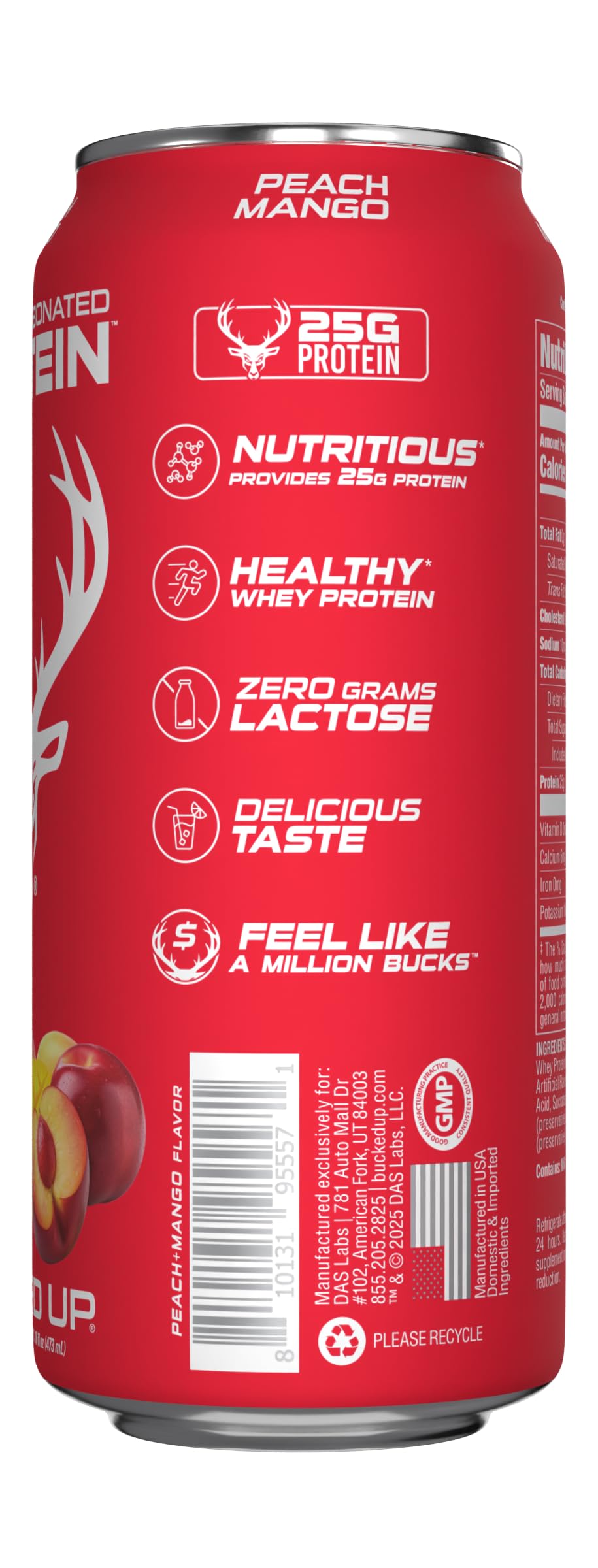 Bucked Up Lightly Carbonated Protein Soda | 25G Whey Isolate - Zero Sugar, Low Calorie, Caffeine Free, Clean Drink | Sparkling Protein Soda - 12 Pack, 16 Oz Cans (Peach Mango)