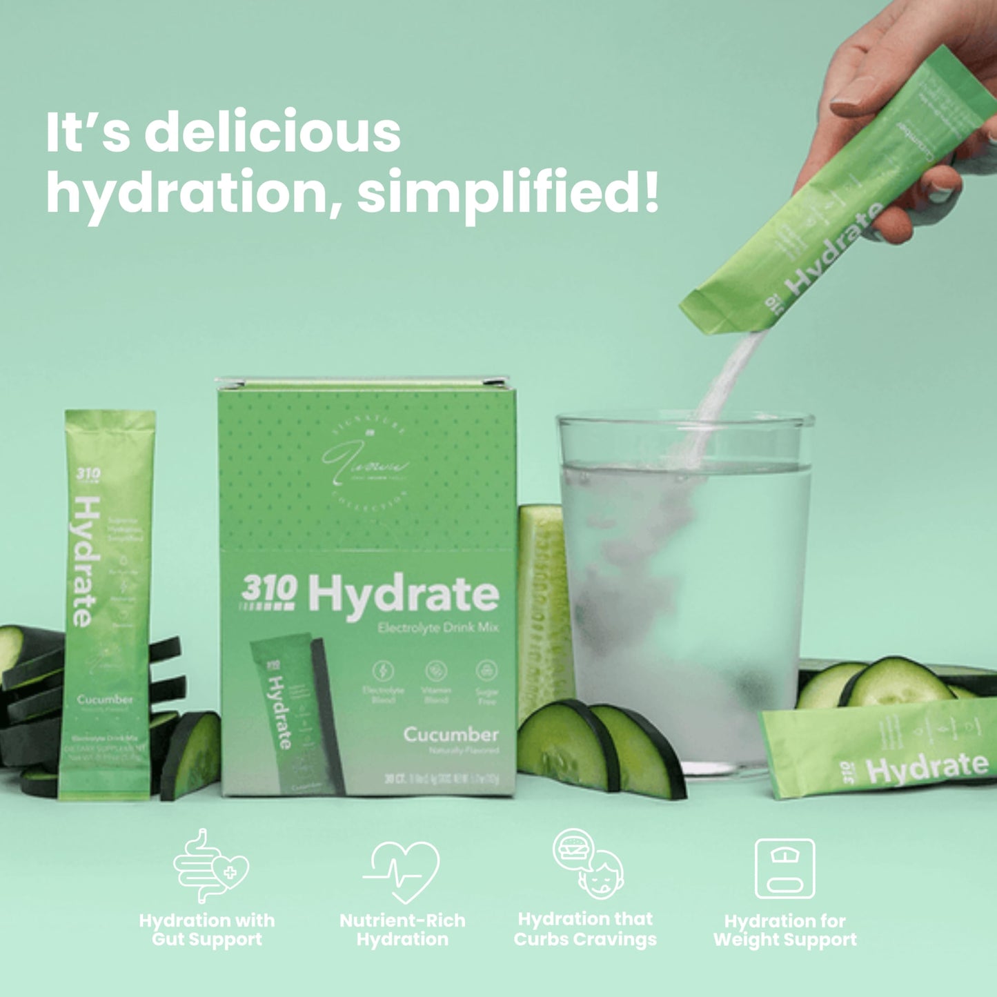 310 Hydrate Cucumber Electrolytes Powder Packets - No Sugar Hydration Packets With Key Vitamins & Minerals - Keto Friendly - Tas