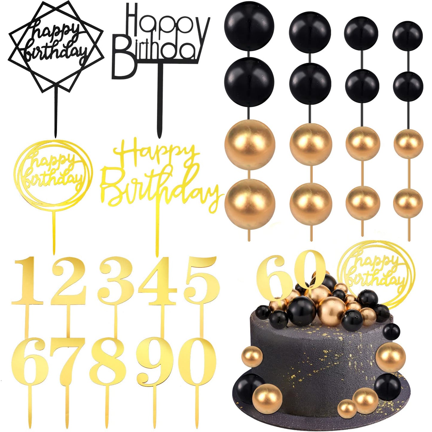 38 Pieces Ball Cake Decorations Set, Acrylic Happy Birthday Cupcake Picks Number 0-9 Toothpicks Ball Shaped Insert Toppers For H
