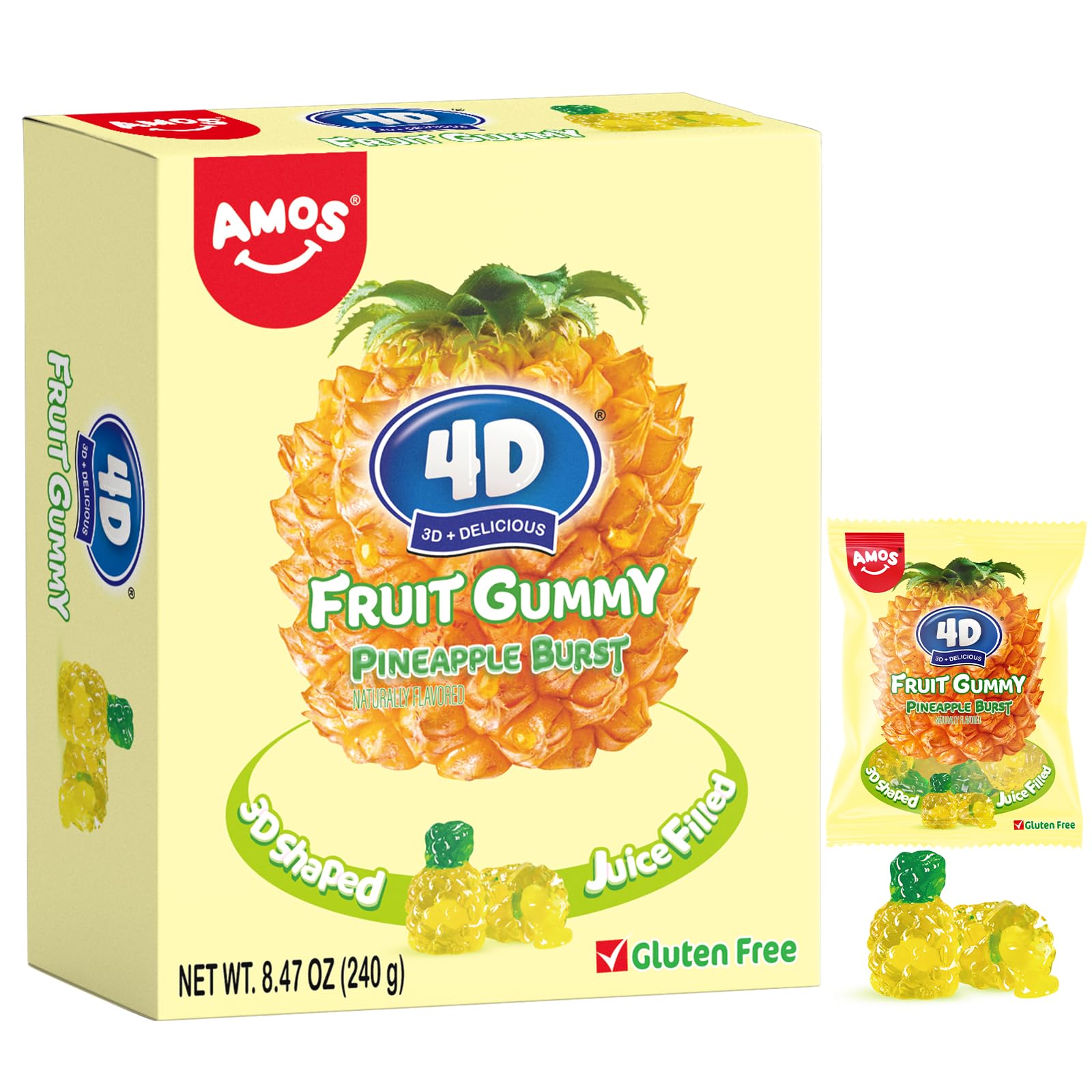 Amos 4D Gummy Candy Pineapple Burst - 3D Pineapple Shaped, Jelly-Filled, Natural Flavor Fruit Gummy - 240G Box (Pack Of 10) - Fr