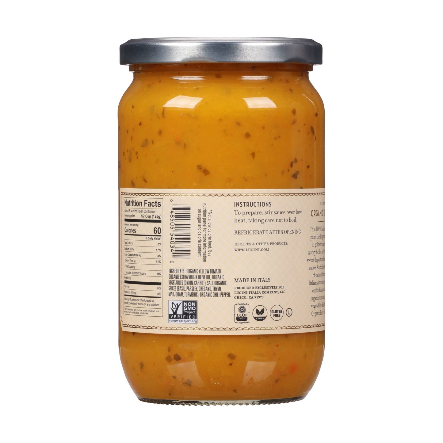 Lucini Organic Golden Tomato Sauce - Classic Italian Sauce in Glass Jar - Fresh Organic Tomatoes - No Sugar Added Pasta Sauce, 2