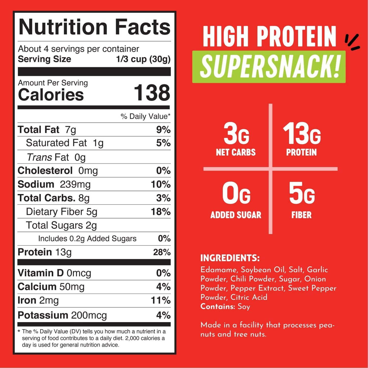 The Only Bean Crunchy Roasted Edamame Snack (Sriracha), High Protein Snacks (13G) Healthy Protein Chips, Keto Friendly Food (2G