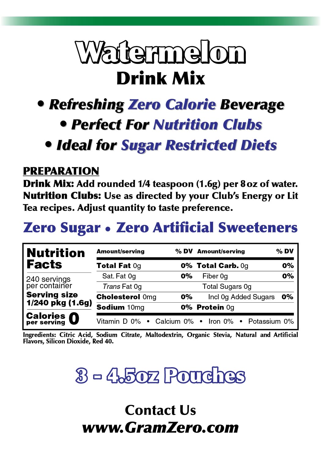 GramZero Watermelon Zero Calorie Sugar Free Drink Mix, Great For Nutrition Club Loaded Teas, Stevia Sweetened