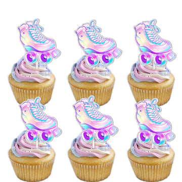18Pcs Glitter Roller Skates Dessert Cupcake Topper Children Boy Girl Happy Birthday Party Decorations 80S 90S Retro Hip Hop Roll