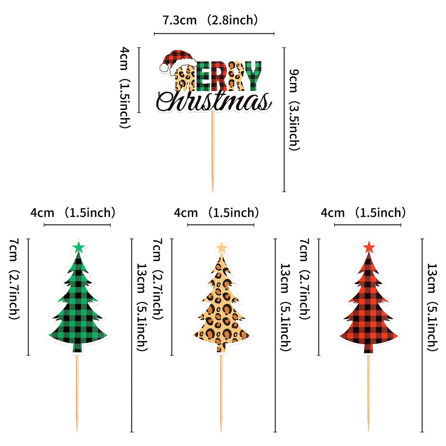 Ercadio Christmas Trees Cupcake Toppers - 24 Pack, Paper, D-merry Trees, Holiday Theme Decorations for Parties and Celebrations