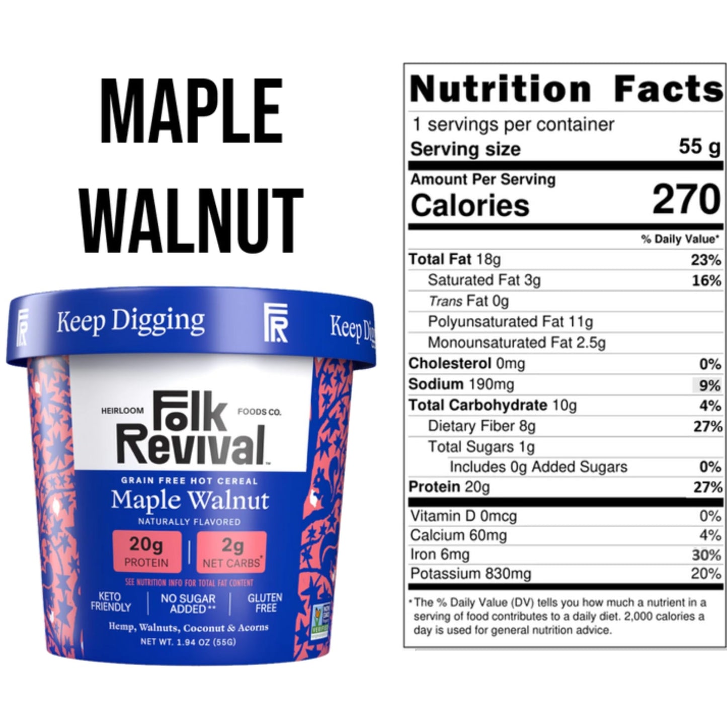 Folk Revival Maple Walnut Keto Instant Oatmeal - 20G Protein, 2G Net Carbs, High Fiber, Non Gmo, Gluten Free, Made With Acorns -