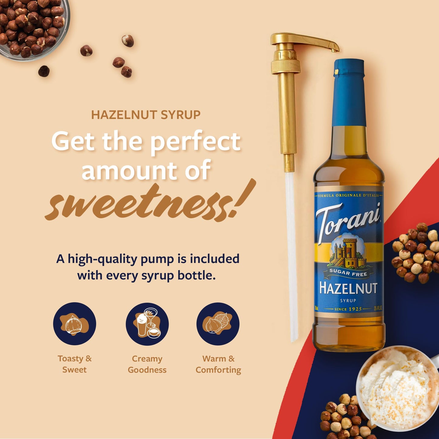Torani Sugar Free Coffee Syrup, Hazelnut Syrup For Drinks, Zero Calorie, Pump Included, 25.4 Fl Oz