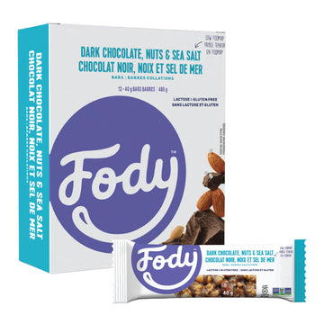 Fody Foods Dark Chocolate Nuts & Sea Salt Snack Bars, 12 Count, Vegan, Low FODMAP, Gluten Free, 5g Protein