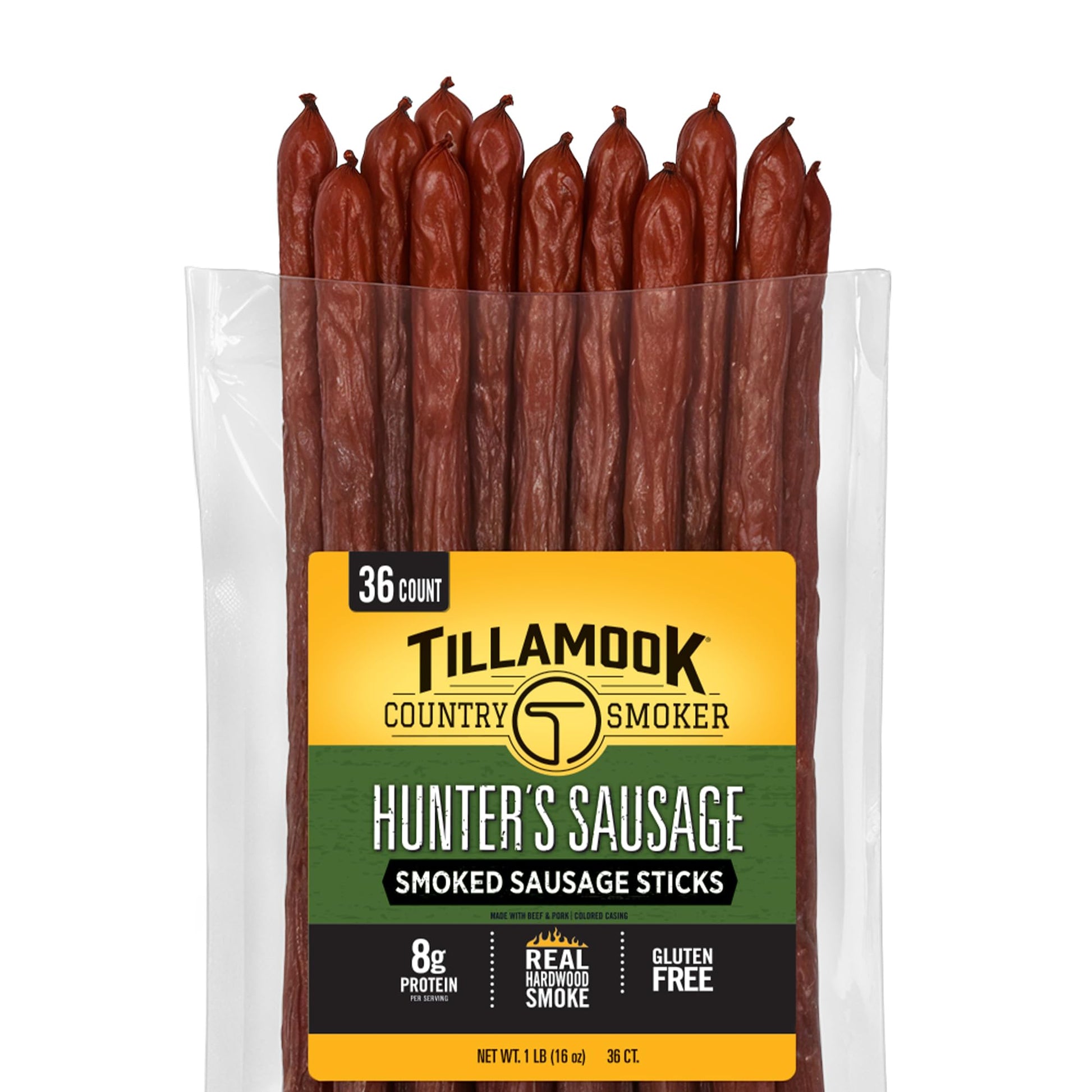 TILLAMOOK COUNTRY SMOKER Hunters Sausage Smoked Sticks, 16 Ounce, Low Carb, High Protein, Bulk Pack (36 Count)