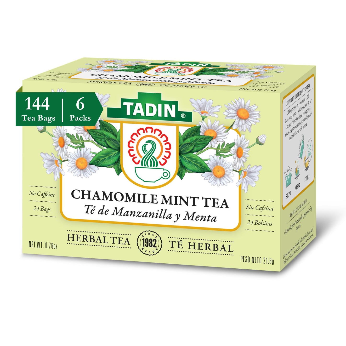 Tadin Chamomile & Mint Herbal Tea - Caffeine Free, Individually Wrapped Tea Bags, 24 Count (Pack of 6)