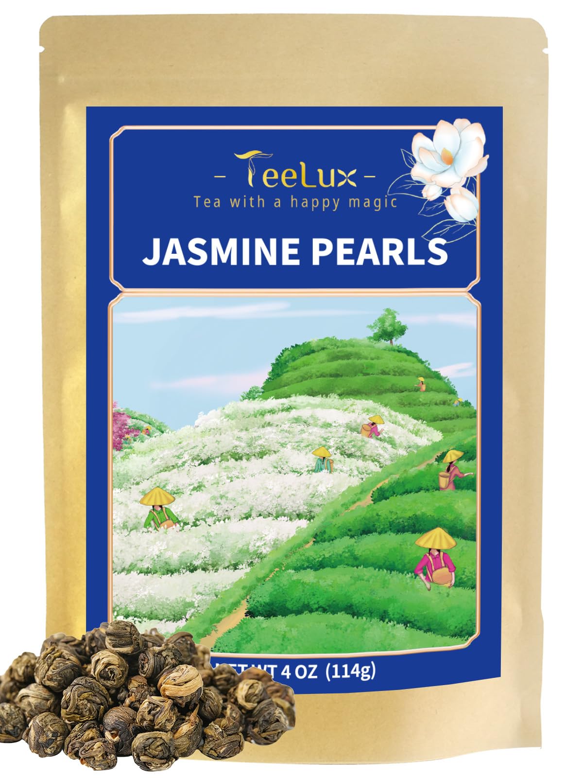 TeeLux Jasmine Pearls Green Tea, Handrolled Loose Leaf, 4 Ounce